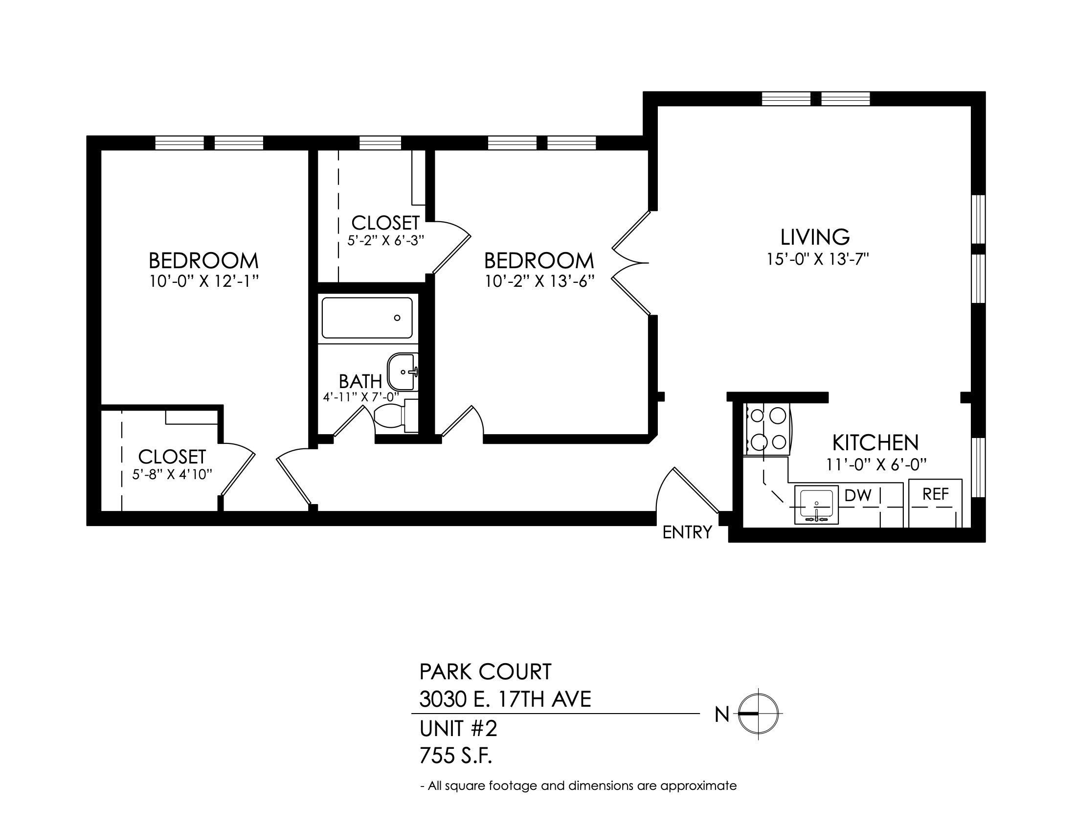 Floor plan for 2 beds, 1 bath, 755 sqft